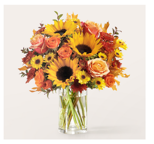 Fall Favorites Bouquet – Roses, Sunflowers & Oak Leaves