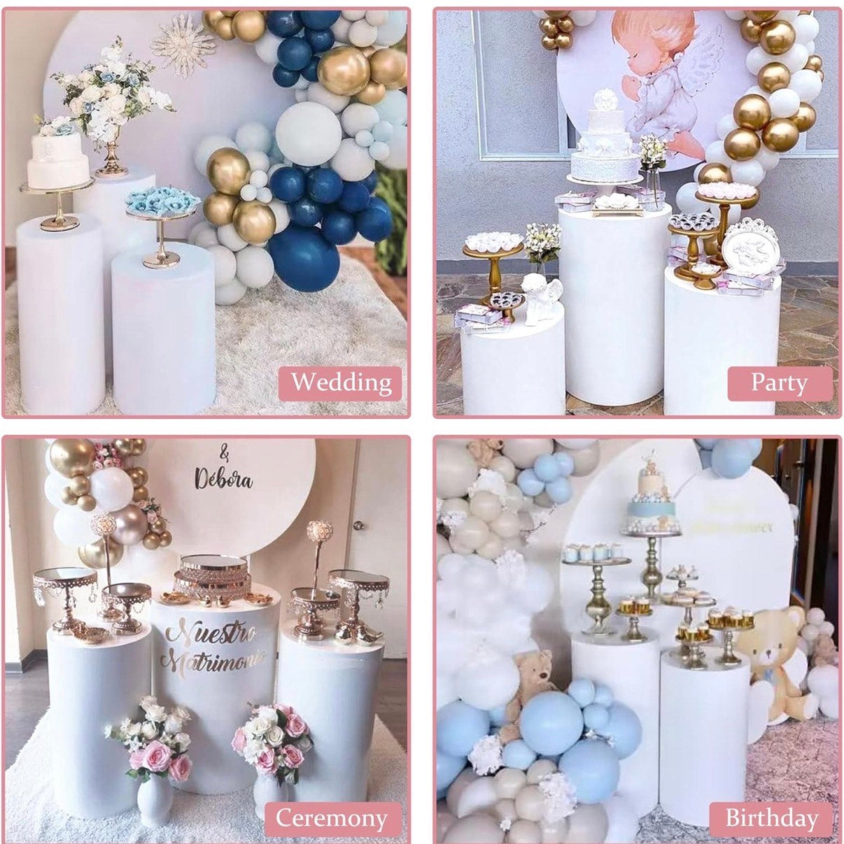 White cylinder columns with floral arrangements for wedding ceremony decor