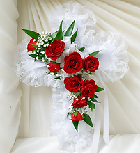 Red and White Satin Cross Casket Pillow